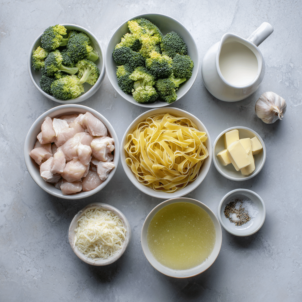 One-Pot Chicken Alfredo au Brocoli – Recette Crémeuse et Facile pour Toute la Famille 7 Ingrédients pour One-Pot Chicken Alfredo au brocoli