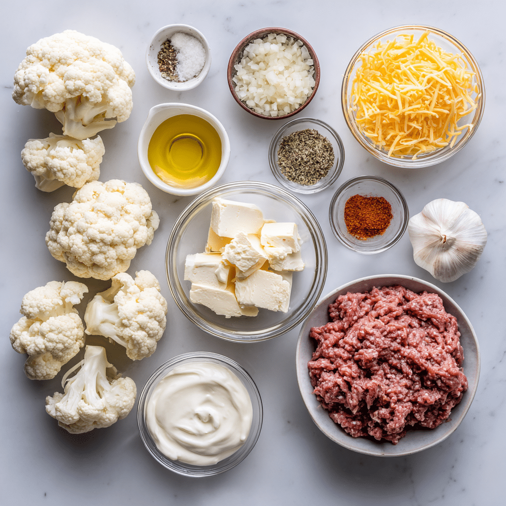 ingrédients gratin keto bœuf chou-fleur