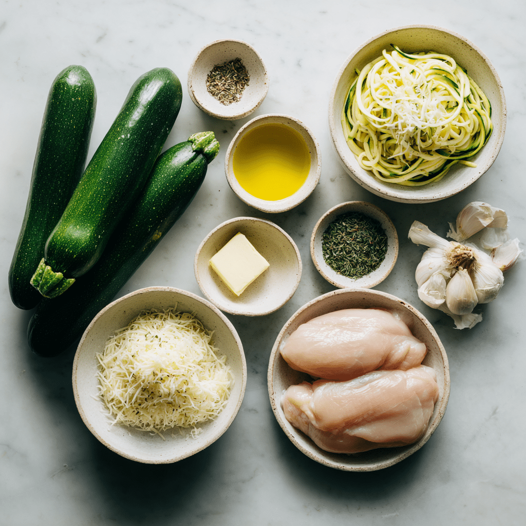 Nouilles de Courgette au Poulet Alfredo 7 Ingrédients pour nouilles de courgette au poulet Alfredo disposés sur un plan de travail