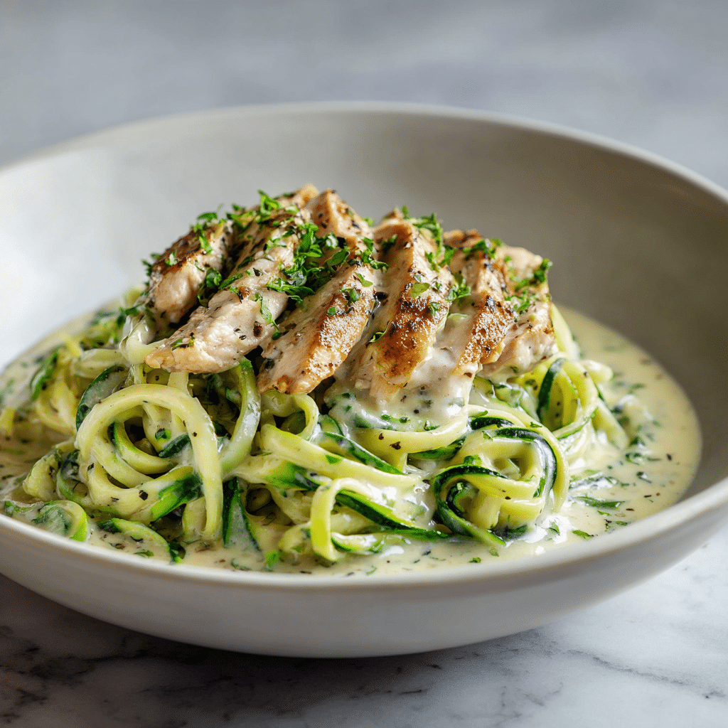 Nouilles de Courgette au Poulet Alfredo 5 Nouilles de courgette au poulet Alfredo en version légère pour un dîner équilibré