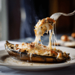 Eggplant mozzarella aubergine boat served