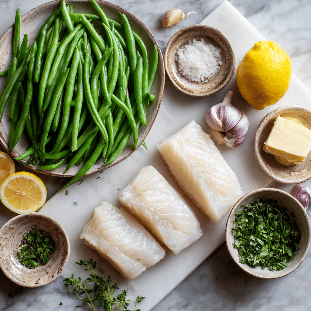 Ingrédients pour le cabillaud au beurre à l'ail cuit au four avec des haricots verts