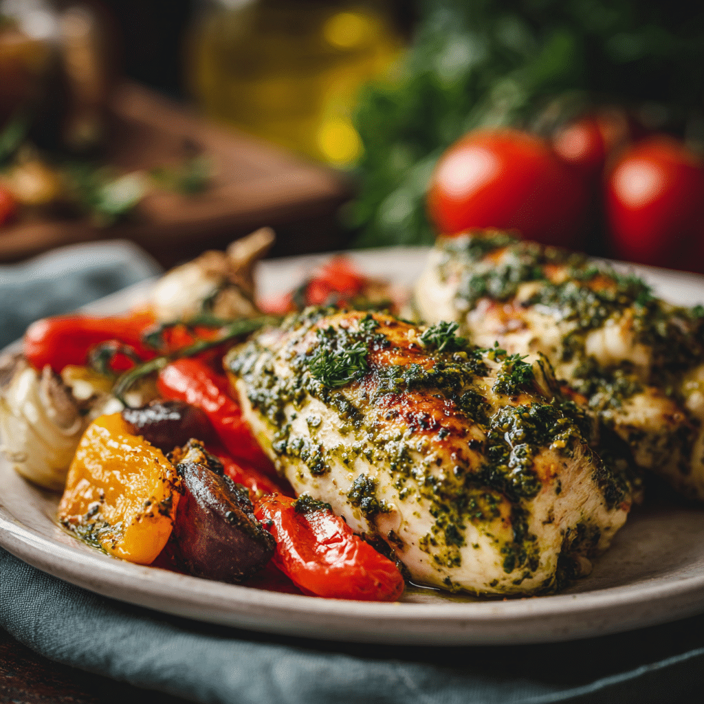 recette de poulet au pesto saine cuite au four dans une seule poêle