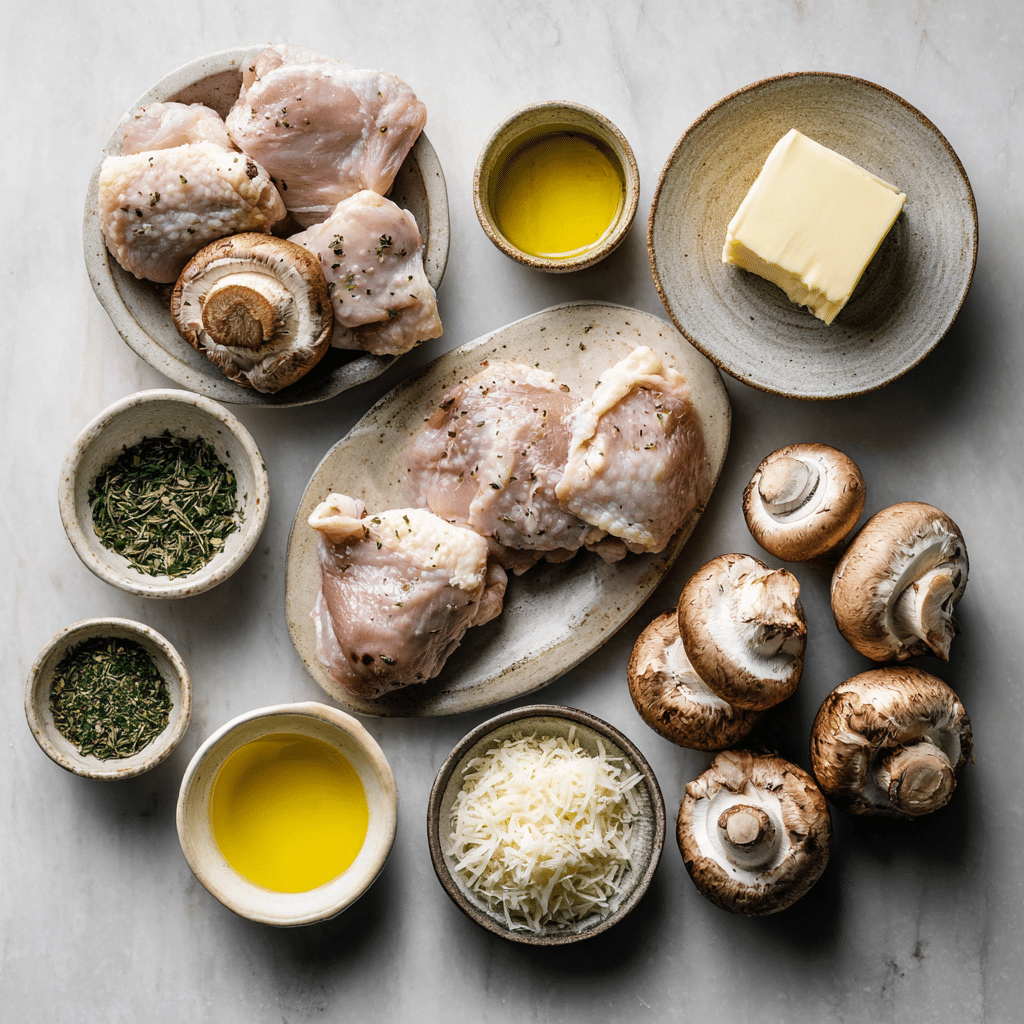 Ingrédients pour une recette de cuisses de poulet crémeuses aux champignons