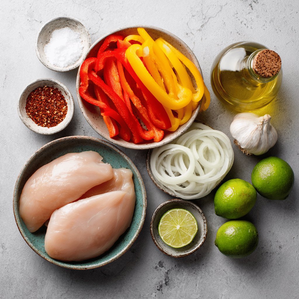 Ingrédients pour fajitas de poulet à la mijoteuse disposés sur un plan de travail en marbre