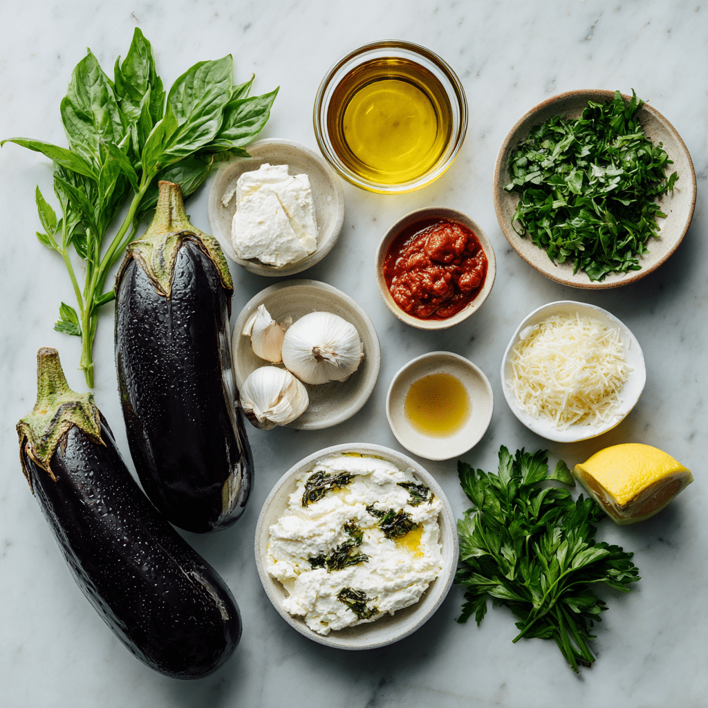 Ingrédients pour involtini d'aubergines au fromage de chèvre aux herbes