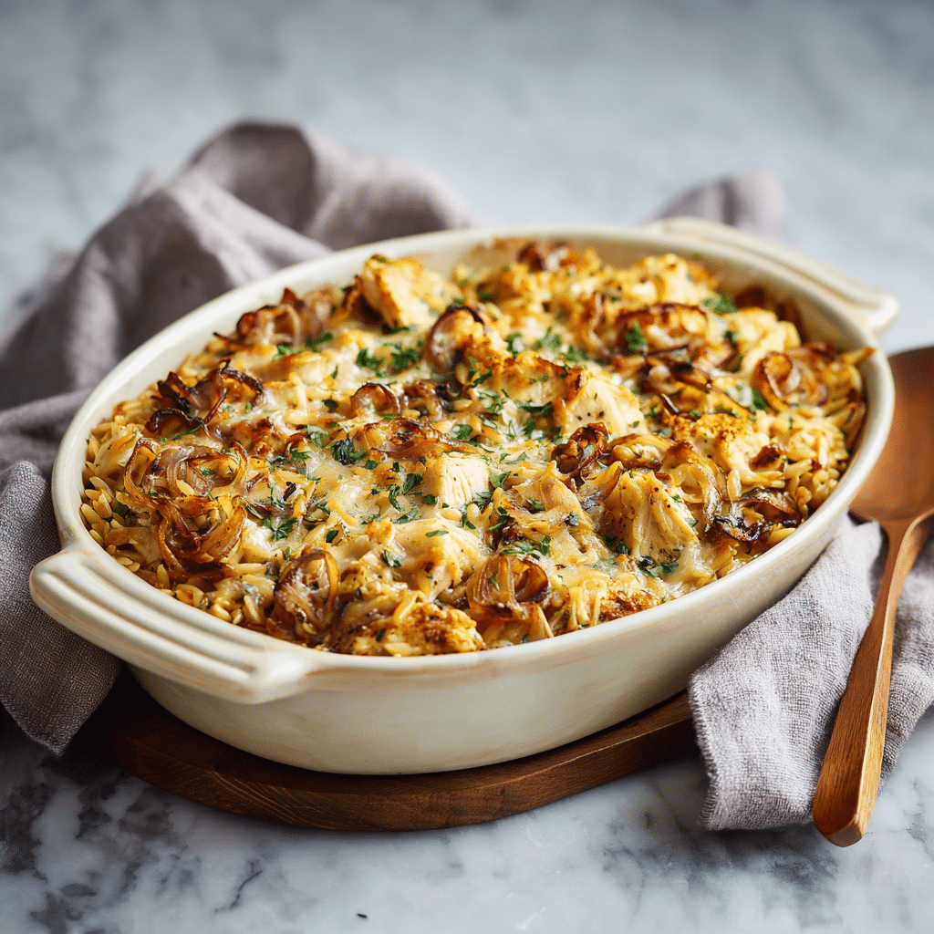 Menumaison french onion chicken orzo casserole featured