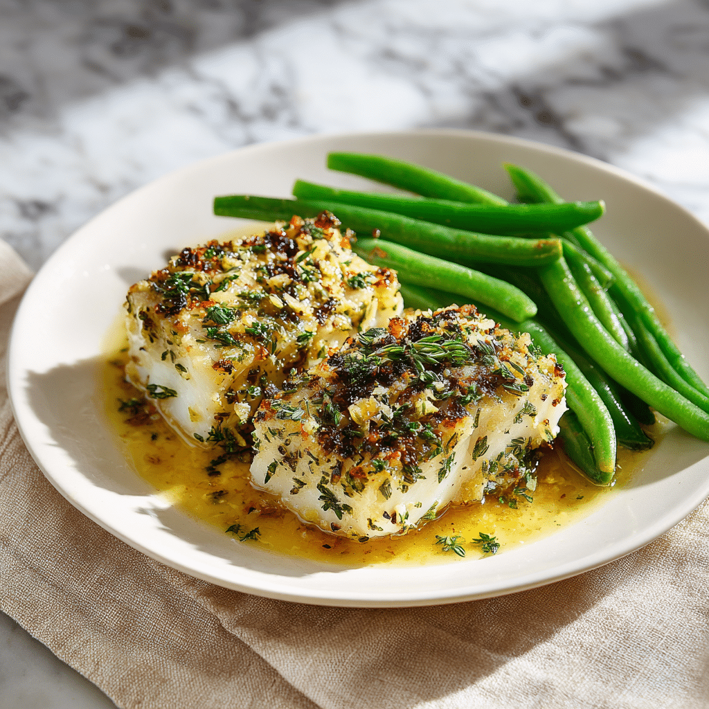 Recette de cabillaud aux herbes et à l'ail cuit au four avec des haricots verts