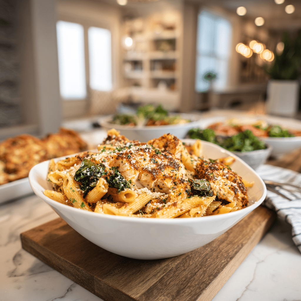 Recette de penne au poulet, ail et parmesan.