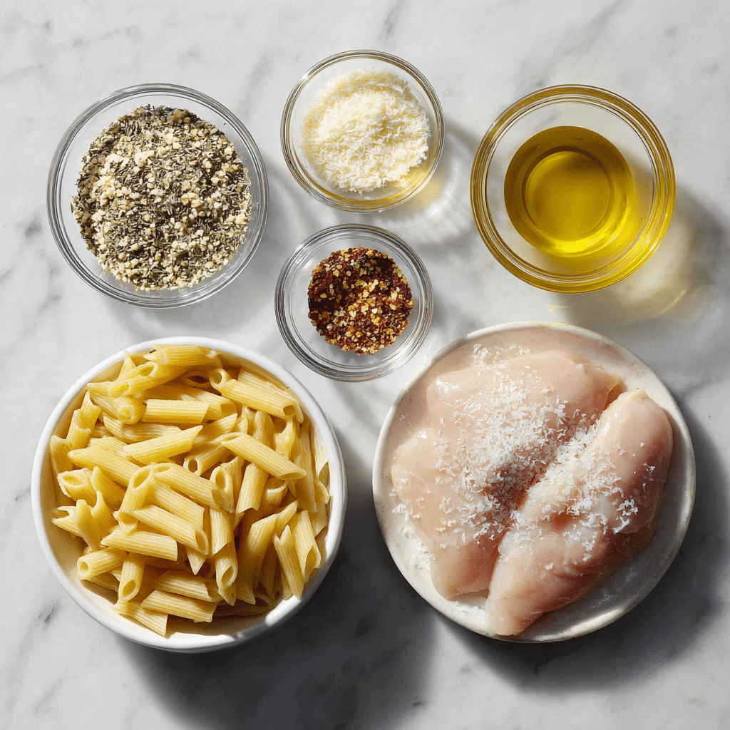 Ingrédients pour des penne au poulet, à l’ail et au parmesan
