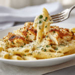 Présentation des penne au poulet, ail et parmesan.