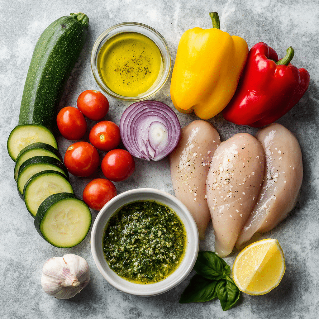 Ingrédients pour un poulet au pesto et légumes cuits au four dans une seule poêle