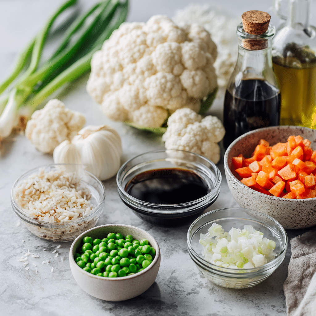 Ingrédients pour la recette de riz frit au chou-fleur cuit dans une seule poêle
