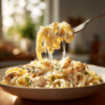 Portion de pâtes crémeuses à l'ail et au parmesan, cuites dans une seule casserole