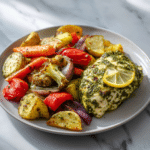 portion de poulet au pesto et légumes cuits au four dans une seule poêle