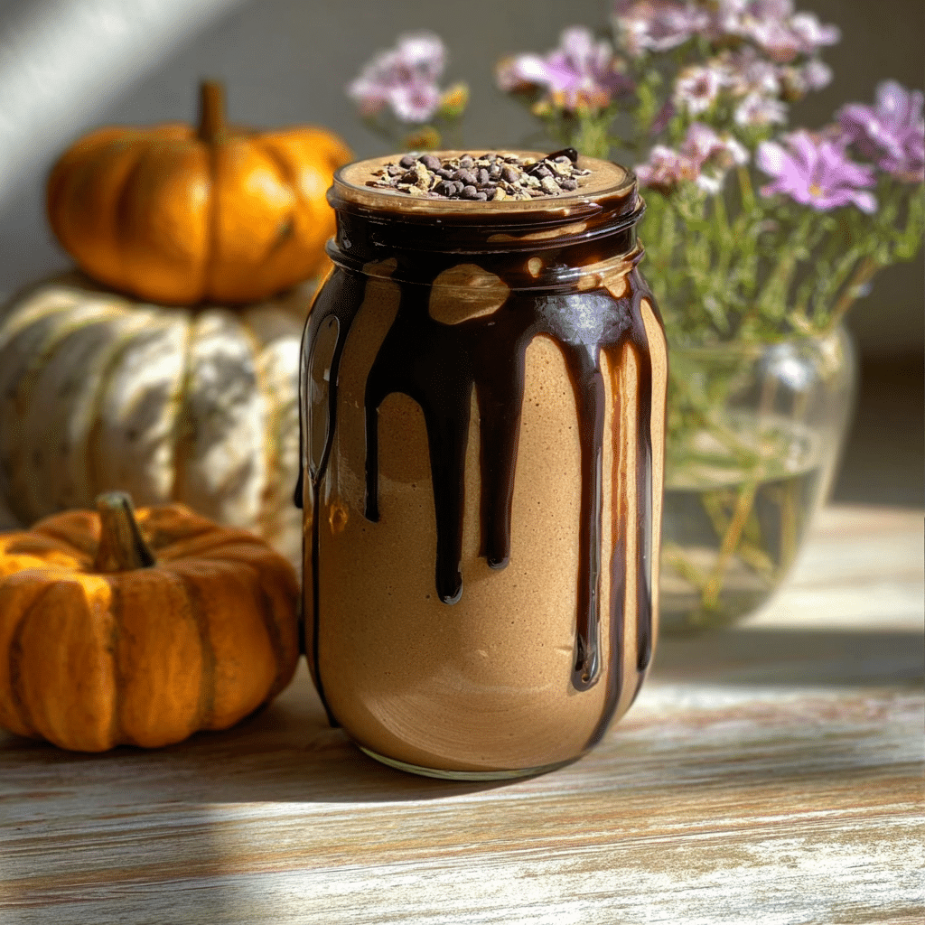 Smoothie Protéiné Chocolat, Potiron et Beurre de Cacahuète 5 Menumaison pumpkin peanut butter protein smoothie featured