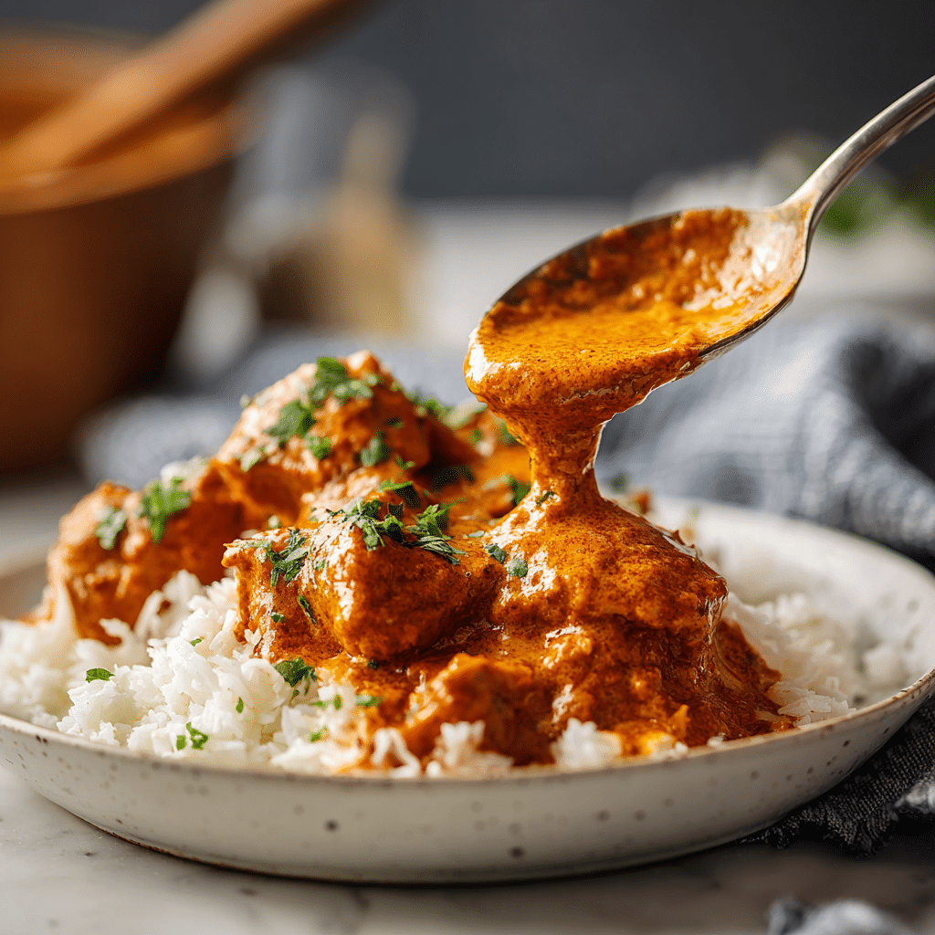 Poulet au beurre mijoté servi avec du riz