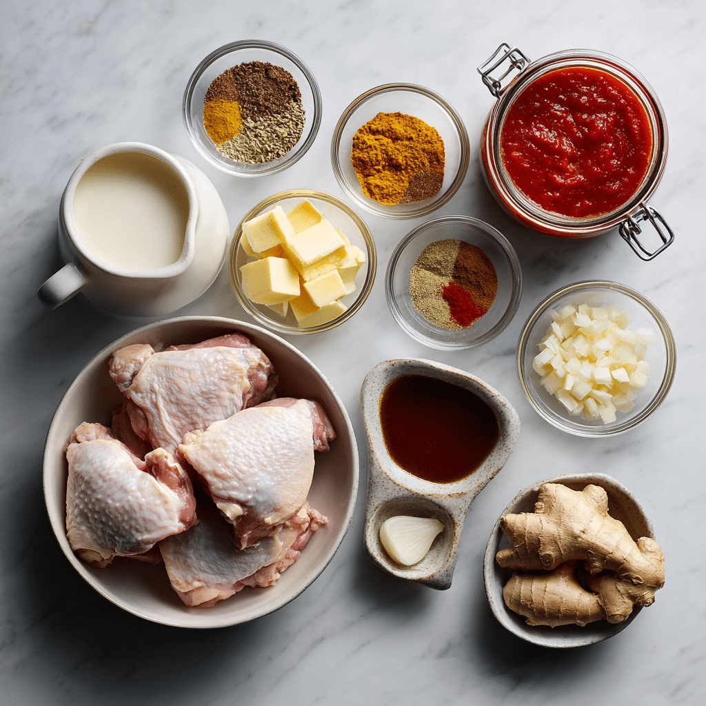 Ingrédients pour poulet au beurre à la mijoteuse disposés sur un comptoir en marbre