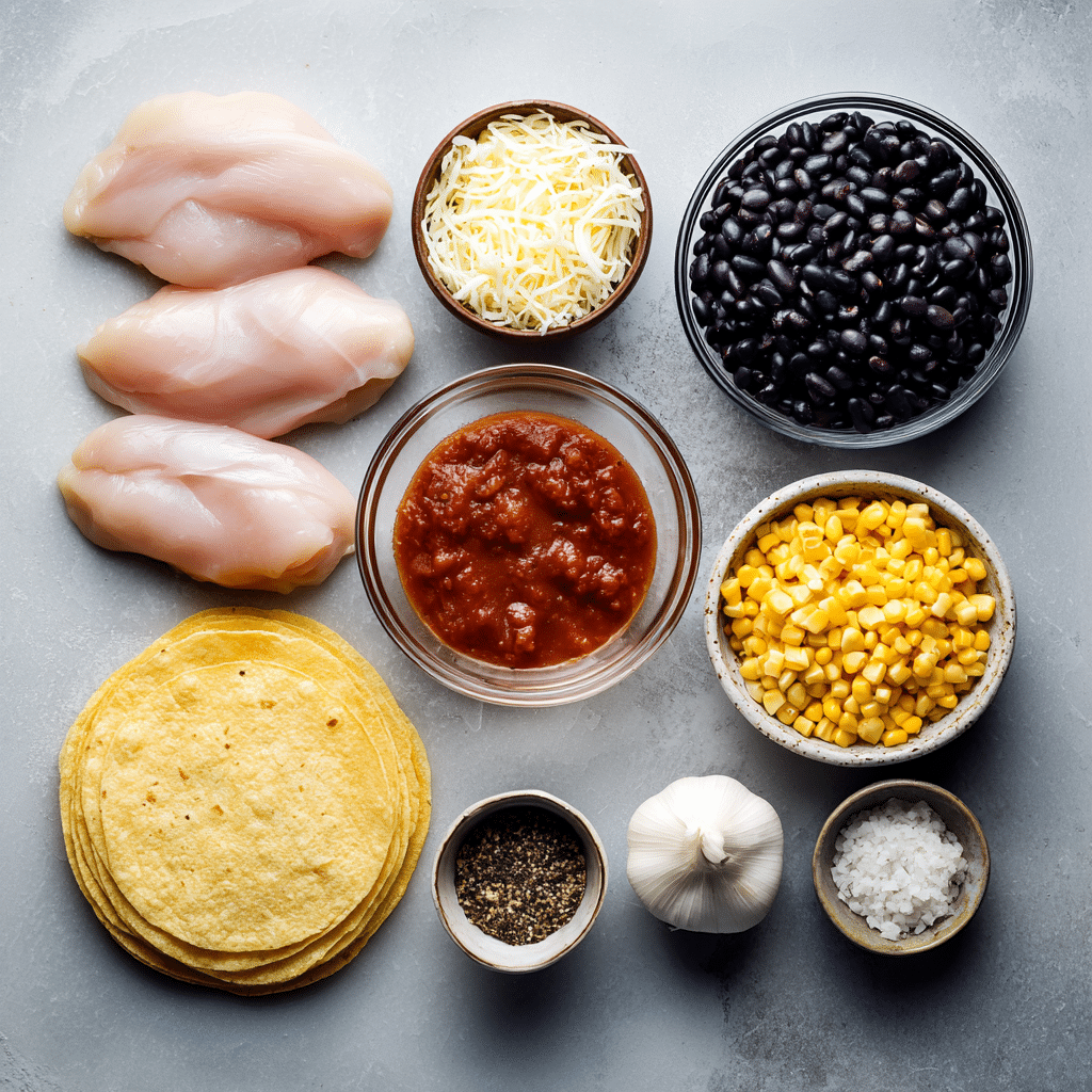 Ingrédients pour un gratin d'enchiladas au poulet à la mijoteuse