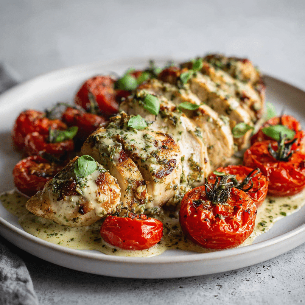Menumaison creamy pesto chicken with tomatoes featured