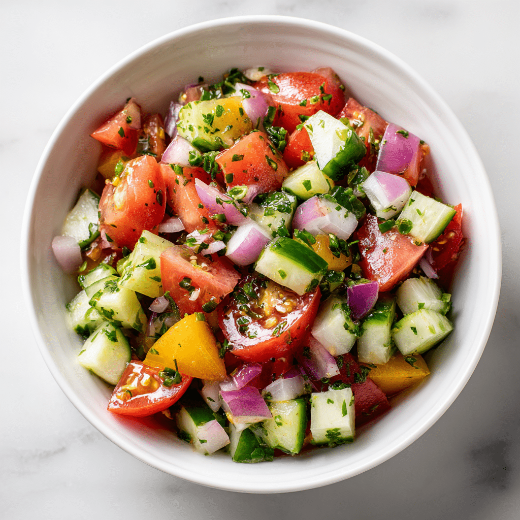 Menumaison healthy mediterranean cucumber tomato onion salad