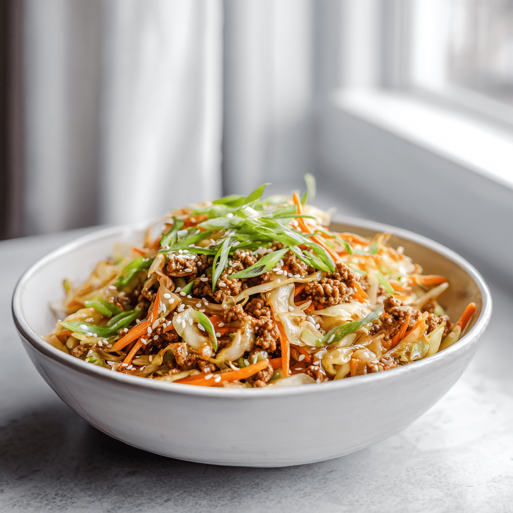 Menumaison low carb egg roll in a bowl featured