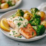 Menumaison sheet pan baked salmon lemon sauce serving