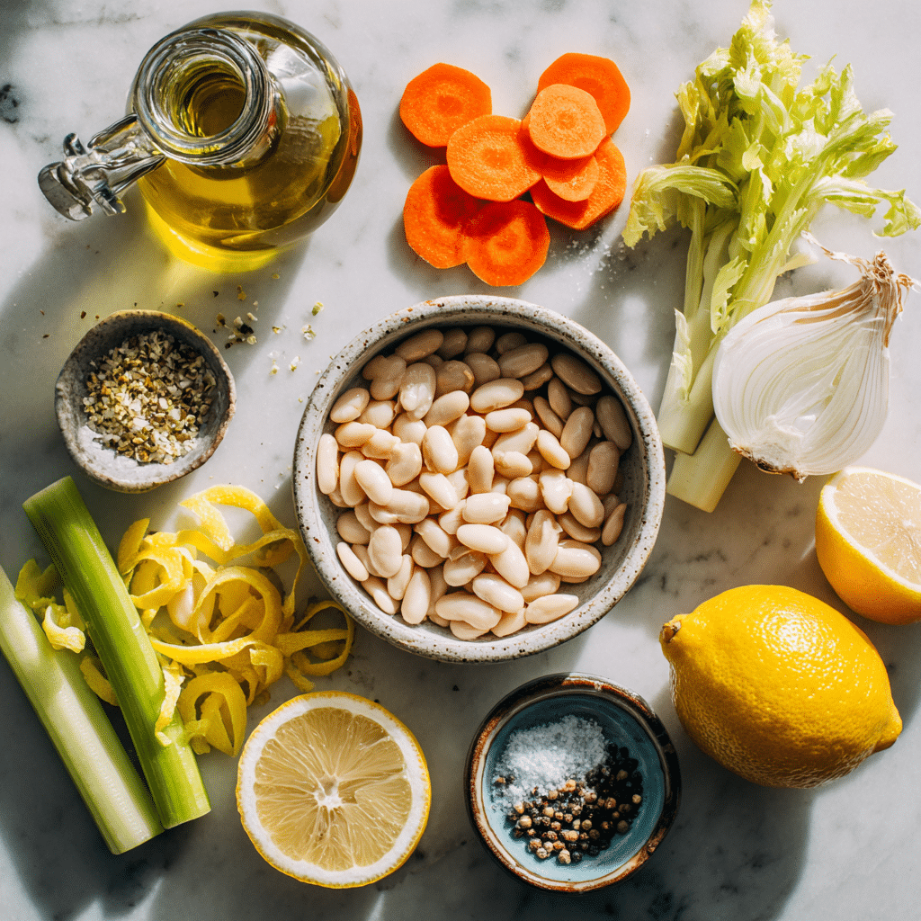 Quickly greek white bean soup with garlic lemon ingredients