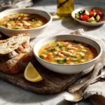 Quickly greek white bean soup with garlic lemon serving