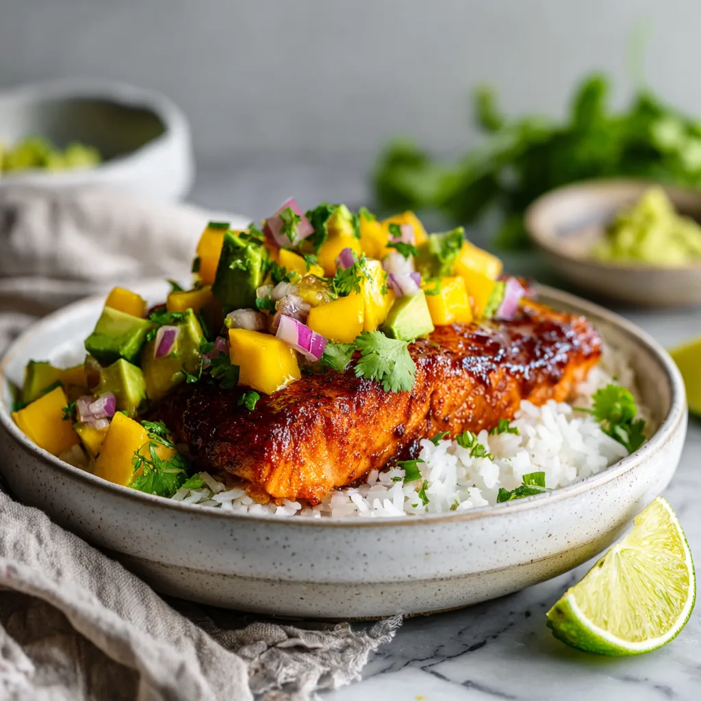 Bols de Saumon BBQ au Riz avec Salsa Mangue et Avocat 8 Menumaison bbq salmon bowl Featured