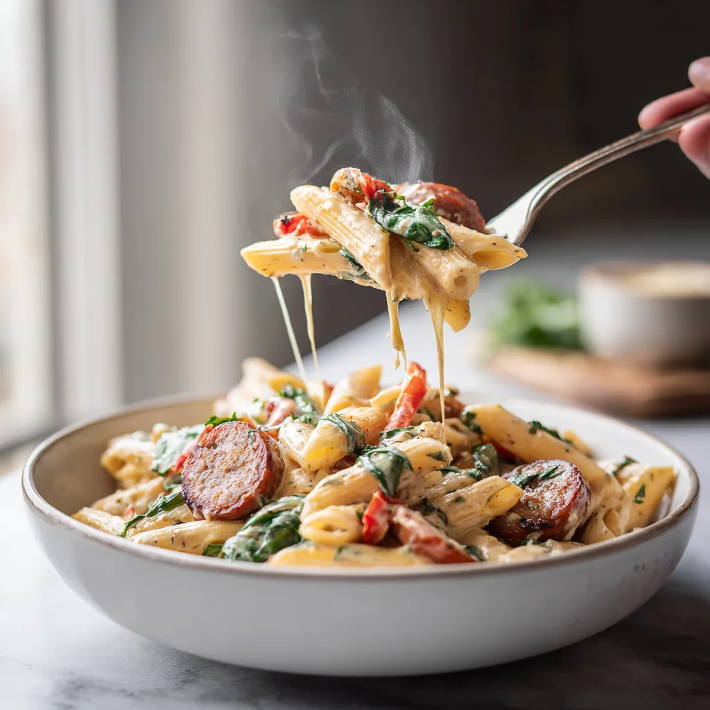 Menumaison creamy cajun sausage pasta serving