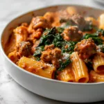 Pâtes Rigatoni Toscane à la Saucisse avec Sauce Tomate Crémeuse et Épinards 9 Menumaison creamy sausage rigatoni featured