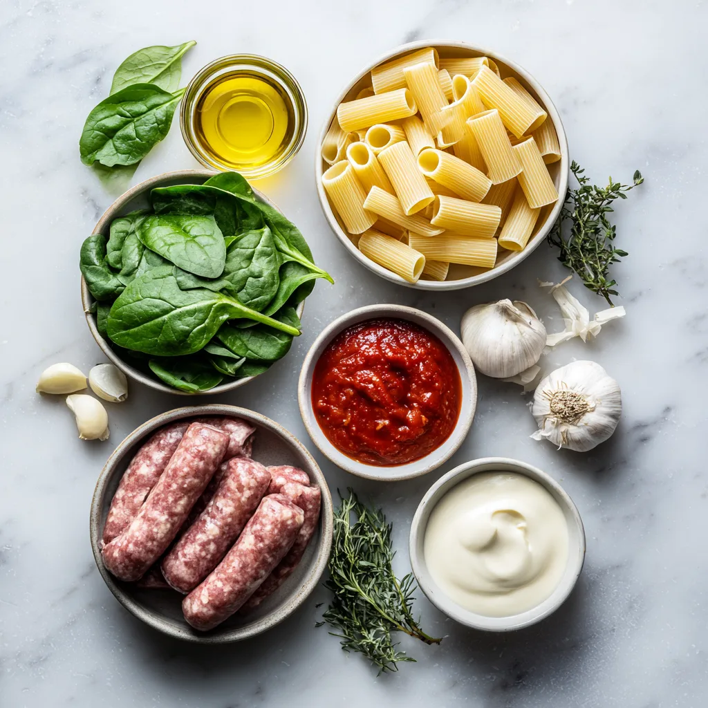 Pâtes Rigatoni Toscane à la Saucisse avec Sauce Tomate Crémeuse et Épinards 7 Menumaison creamy sausage rigatoni ingredients