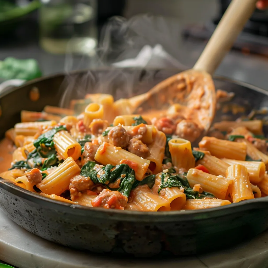 Pâtes Rigatoni Toscane à la Saucisse avec Sauce Tomate Crémeuse et Épinards 8 Menumaison creamy sausage rigatoni serving
