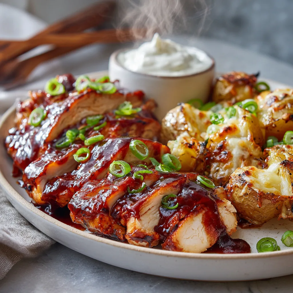 Poulet BBQ au Miel et Pommes de Terre Croustillantes au Four 8 Menumaison honey bbq chicken garlic parmesan potatoes serving