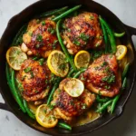 Poêlée Facile de Cuisses de Poulet au Beurre à l’Ail et Haricots Verts 9 Menumaison lemon garlic chicken thighs featured