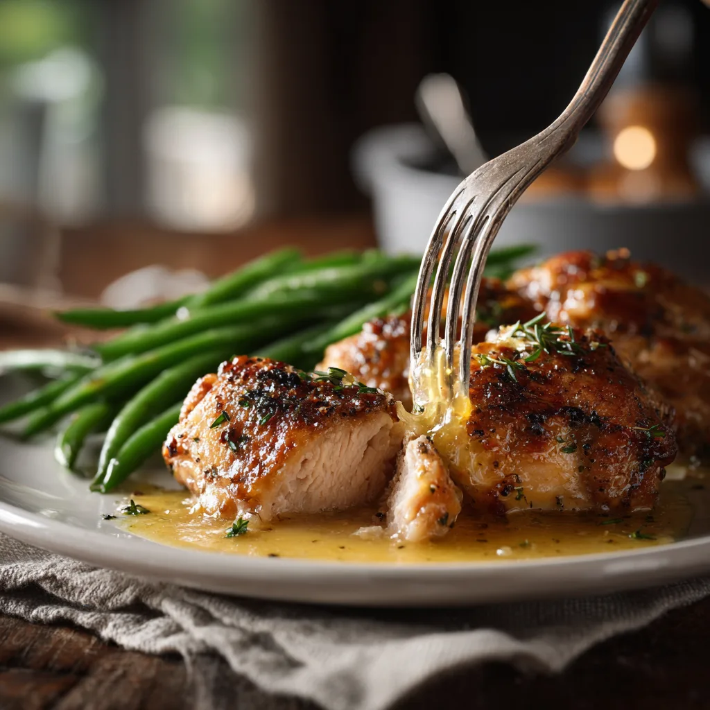 Poêlée Facile de Cuisses de Poulet au Beurre à l’Ail et Haricots Verts 8 Menumaison lemon garlic chicken thighs serving