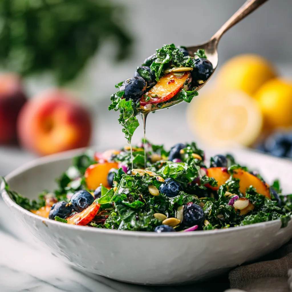 Menumaison peach blueberry kale salad serving