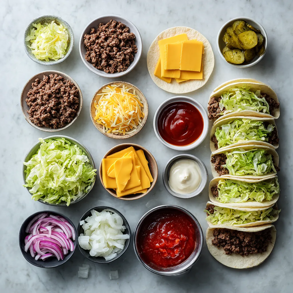 Ingrédients pour la recette de tacos Big Mac smash burger disposés sur une surface en marbre