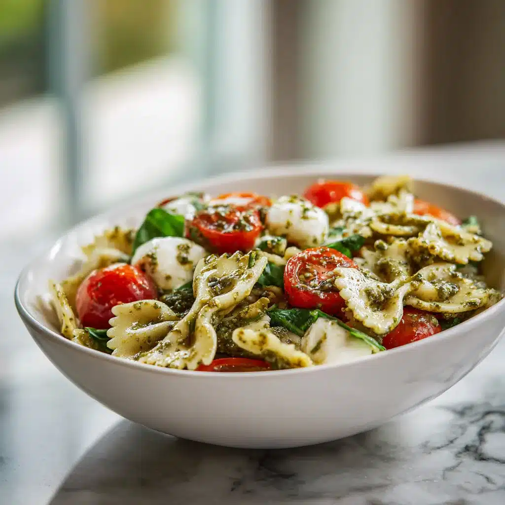 Salade de pâtes farfalle au pesto, tomates et mozzarella dans un saladier blanc