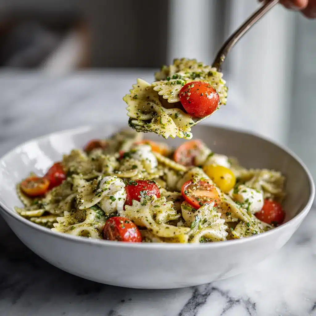 Salade de pâtes farfalle servie avec du pesto et des légumes frais