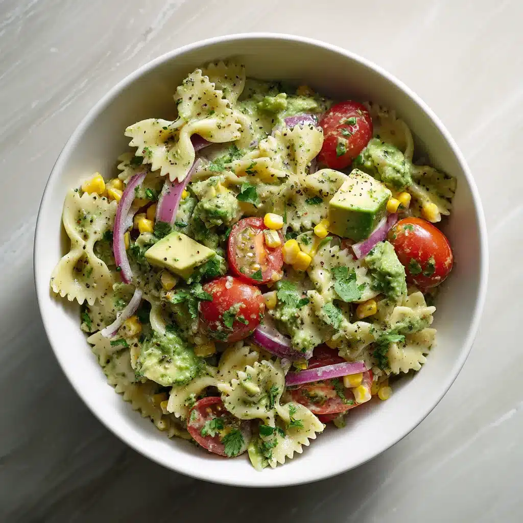 Salade de pâtes à la coriandre et au citron vert avec avocat, maïs et sauce crémeuse