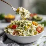 Salade de pâtes à la coriandre et au citron vert, servie avec une sauce crémeuse et de l’avocat frais