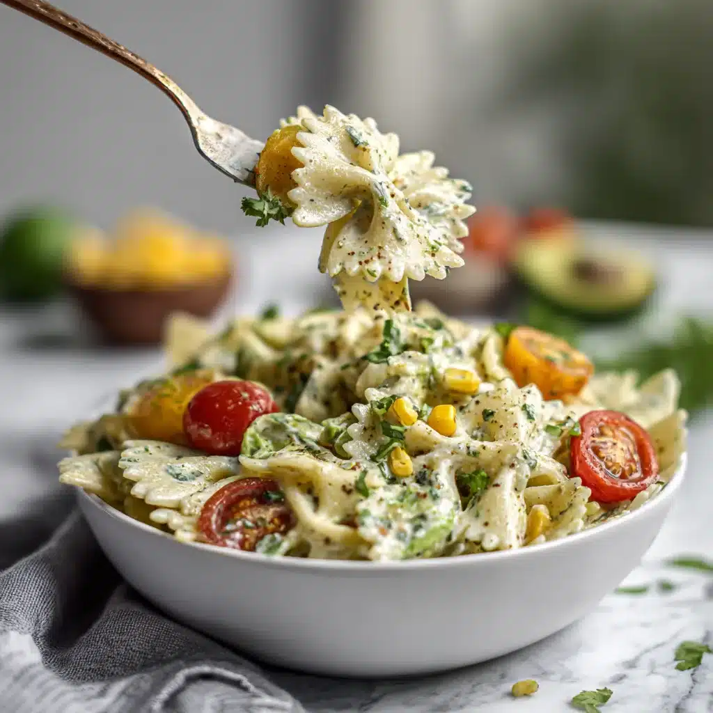 Salade de pâtes à la coriandre et au citron vert, servie avec une sauce crémeuse et de l’avocat frais