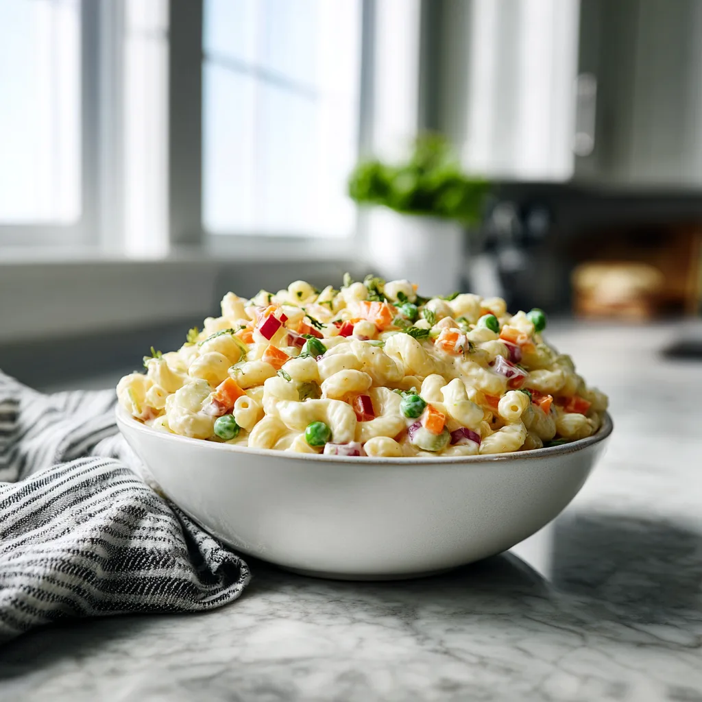 Salade de macaroni crémeuse aux légumes dans un saladier blanc