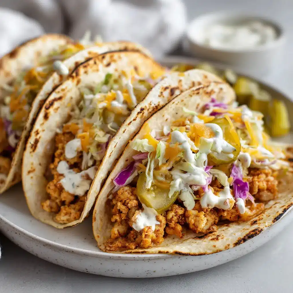 Dill Pickle Ranch Smash Chicken Tacos with Crispy Cheese Delight 6 Tacos au poulet, sauce ranch et cornichons à l'aneth avec fromage croustillant
