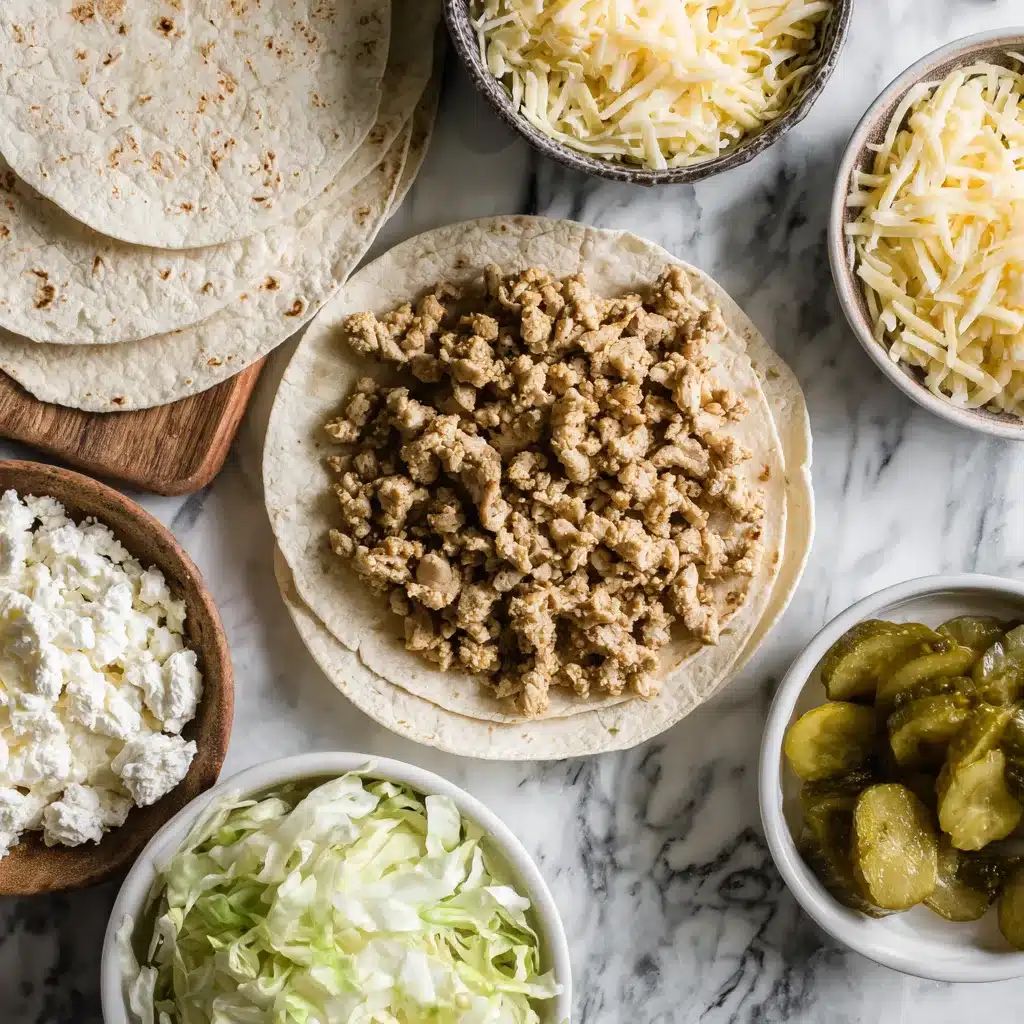 Dill Pickle Ranch Smash Chicken Tacos with Crispy Cheese Delight 7 Ingrédients pour les tacos au poulet écrasé, sauce ranch et cornichons à l'aneth