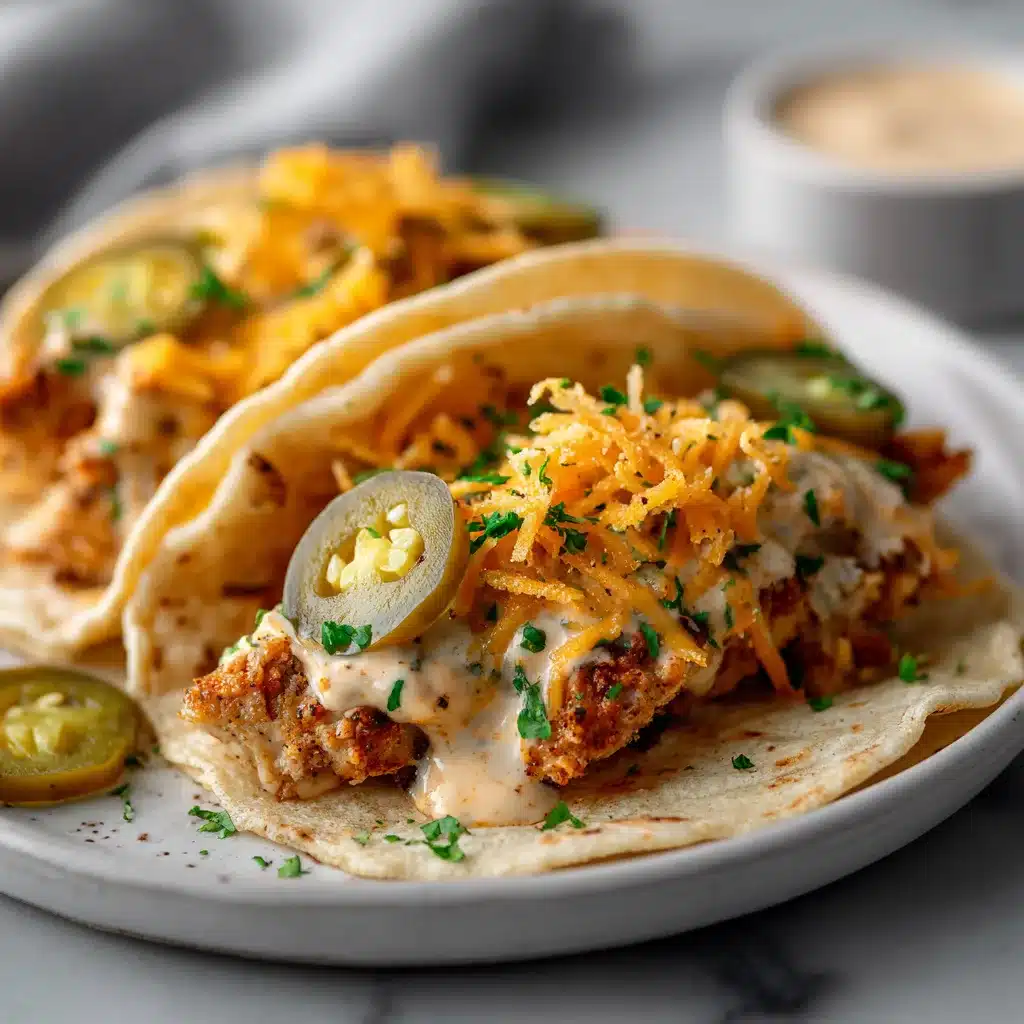 Dill Pickle Ranch Smash Chicken Tacos with Crispy Cheese Delight 8 Tacos au poulet écrasé, sauce ranch, cornichons à l'aneth et fromage croustillant