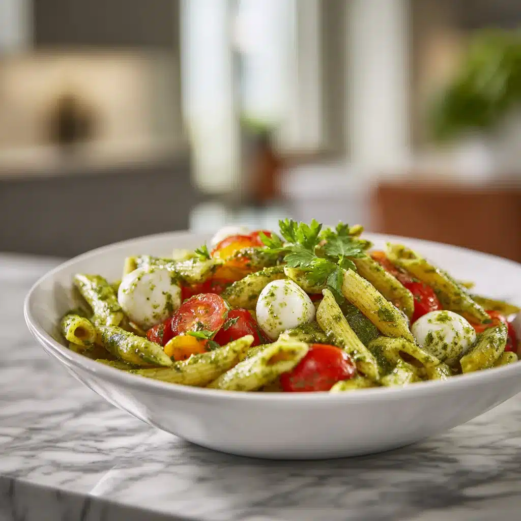 Salade de pâtes au pesto, mozzarella et tomates cerises
