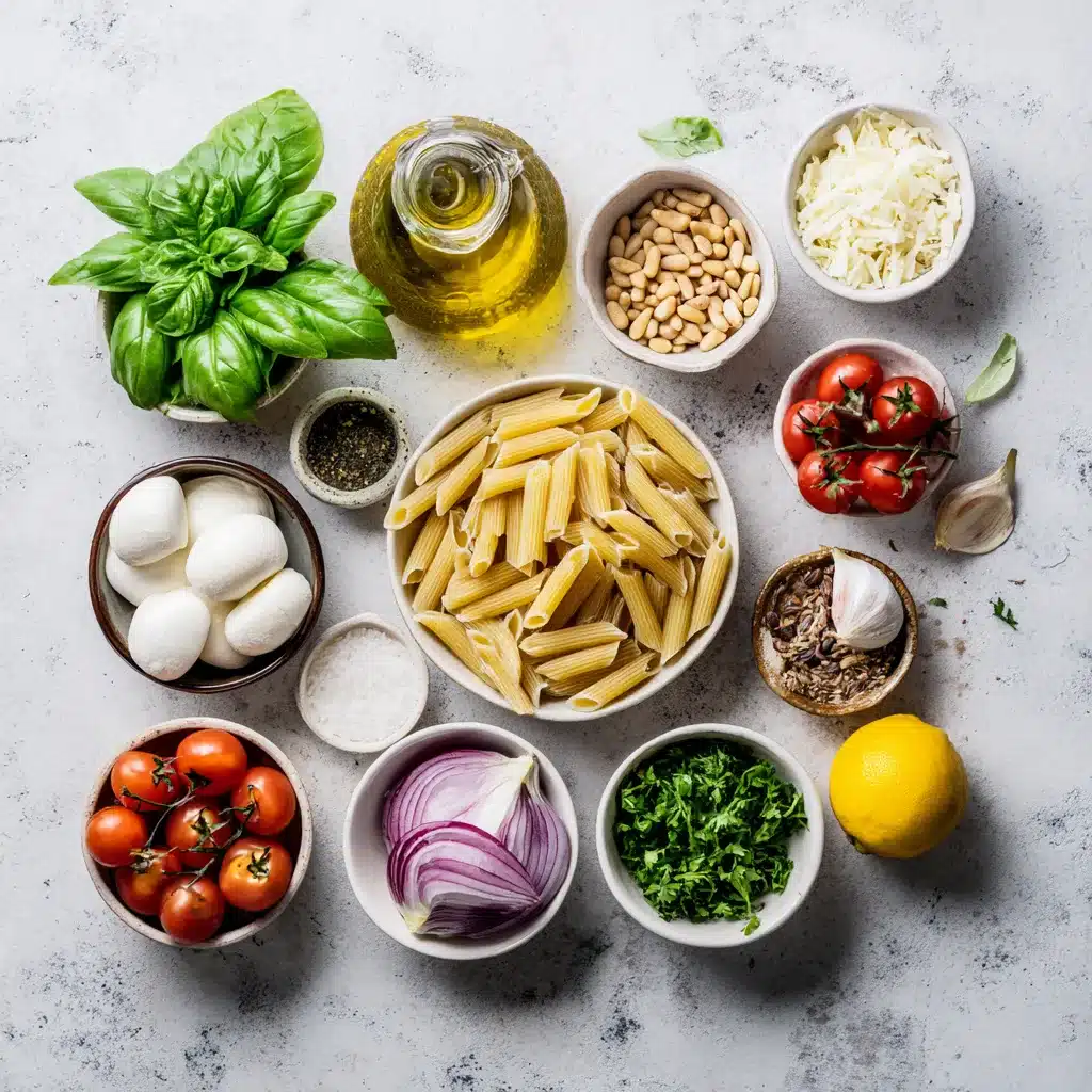 Ingrédients pour une salade de pâtes au pesto : basilic, pâtes, mozzarella et pignons de pin